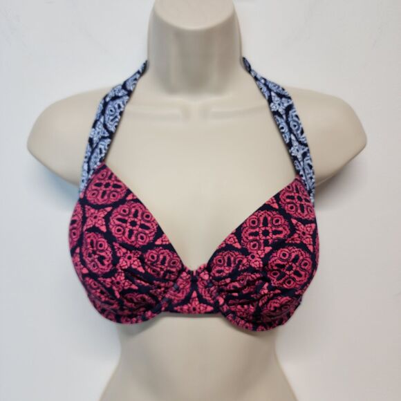 Tommy Bahama Push Up Bikini Top Size 34D Pink Blue Padded Wired Halter Neck - Picture 1 of 8